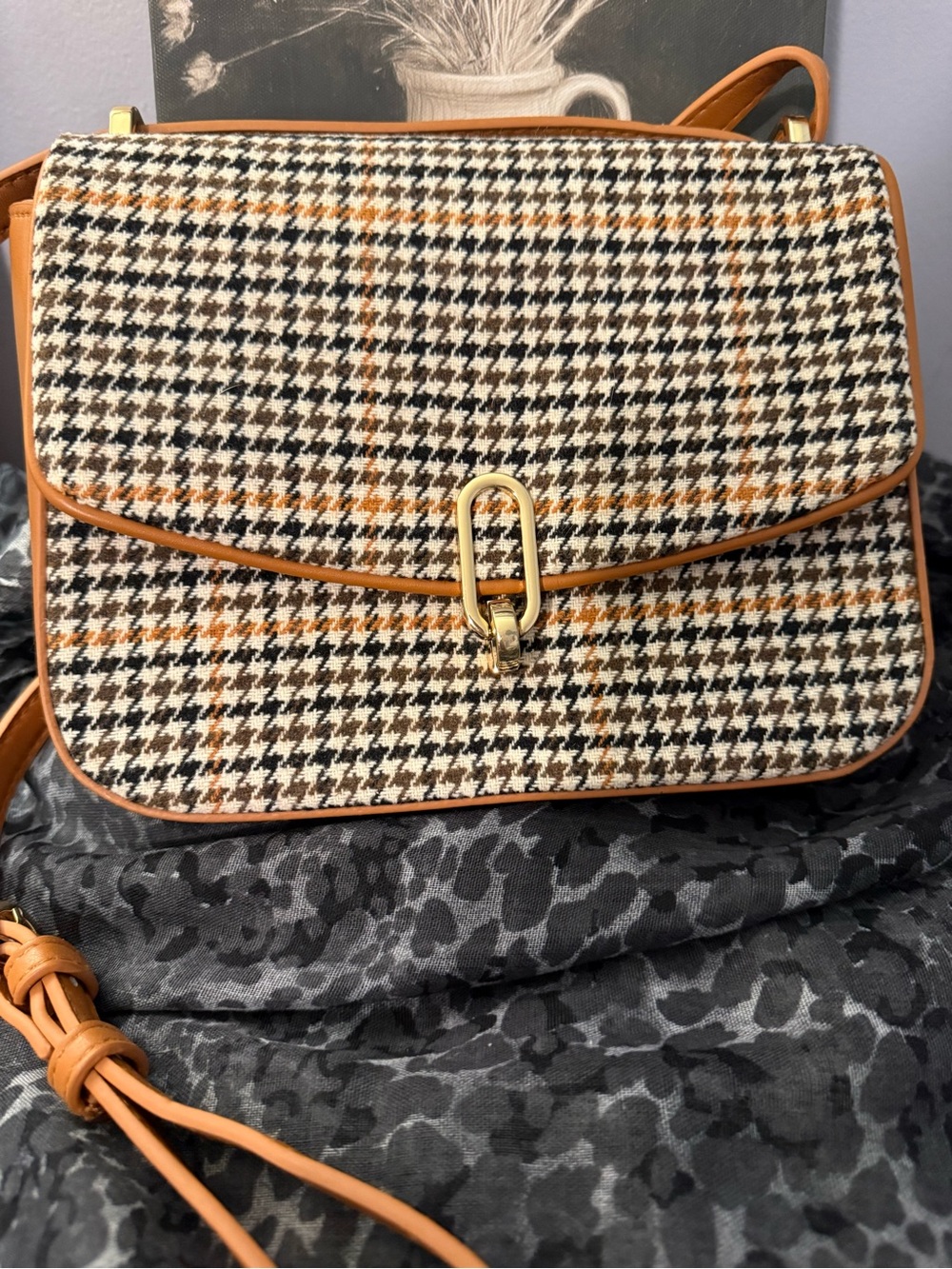 a new day Houndstooth Crossbody with Tan Trim and Gold Accent